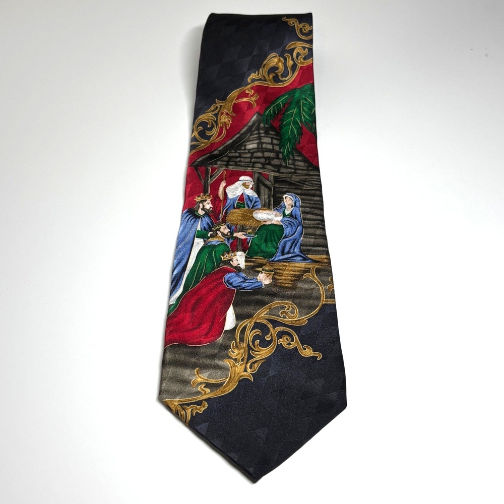 Vtg Holiday Traditions Silk Tie Mens OS Blue Red Nativity Three Wise Men Church